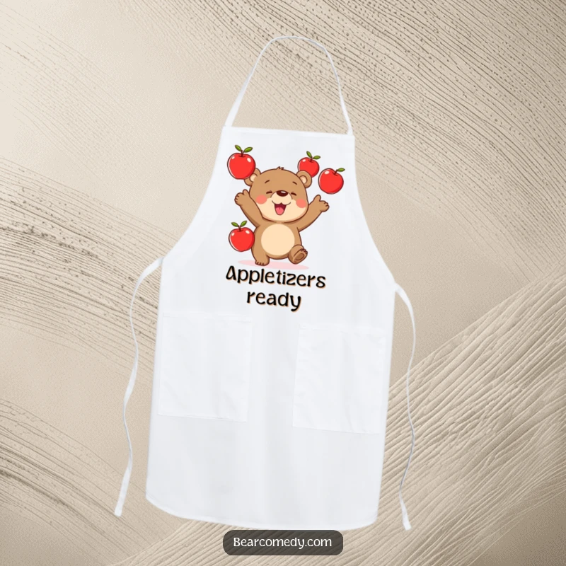 Funny apron design with a bear character expertly juggling three red apples, ready for kitchen challenges.