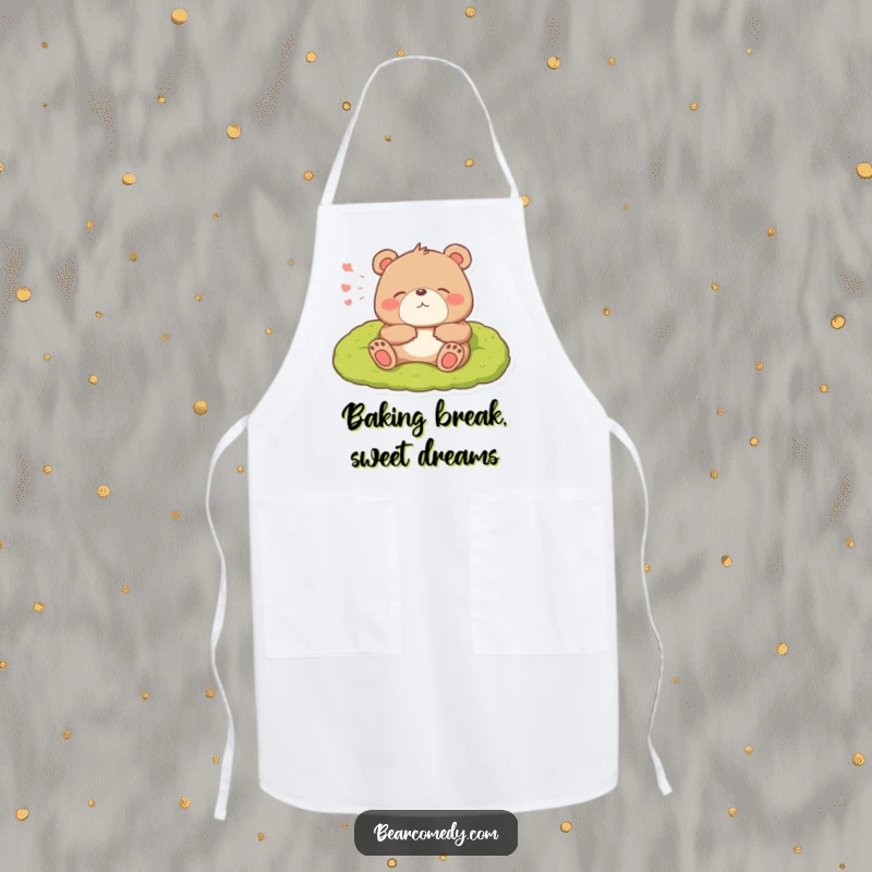 Funny apron design of a bear character happily sighing while lounging on a soft, mossy bed.