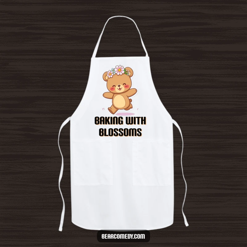 Funny bear apron depicting a bear character joyfully galloping with a flower crown tilted playfully askew, ready for fun.