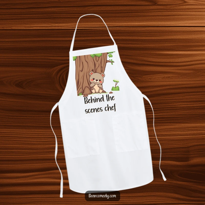 Funny bear apron showing a bear with curious paws peeking from behind a friendly tree, adding humor to kitchen activities.