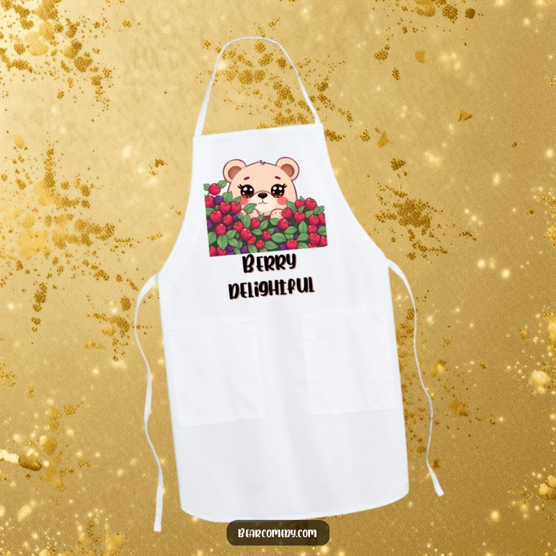 Funny apron showing a bear with large, curious eyes peeking from behind a berry bush, perfect for kitchen adventures.