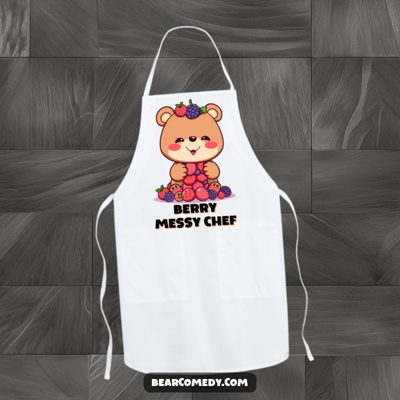 Funny apron showing a bear with a silly grin attempting to balance a pile of berries, adding humor to cooking and baking.