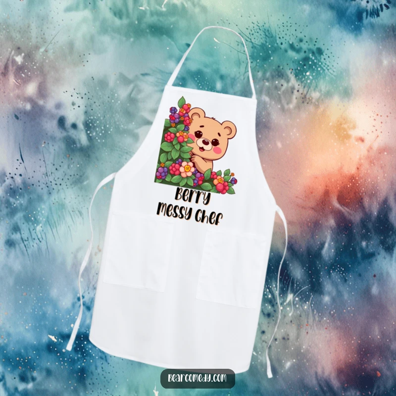 Funny apron depicting a mischievous bear character playfully peeking from a berry bush, bringing playful humor to the kitchen.