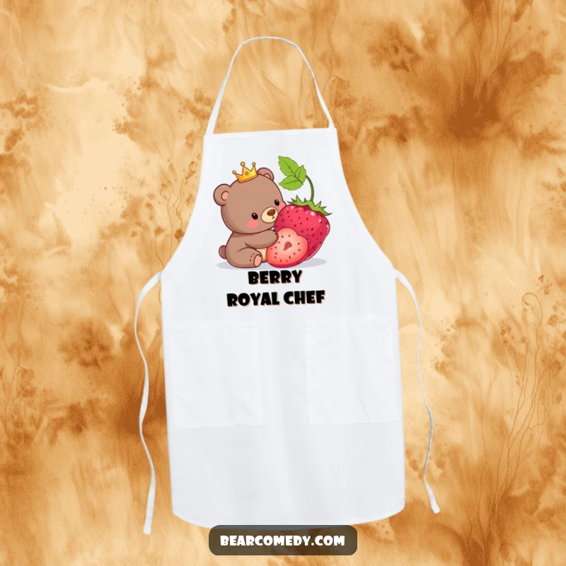 Funny apron showing a bear with a tiny crown playfully nudging a giant berry, ready to cook.