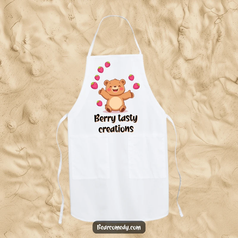 Funny bear apron showing a happy character juggling bright, bouncing berries, adding a cheerful and fruity touch to kitchen tasks.