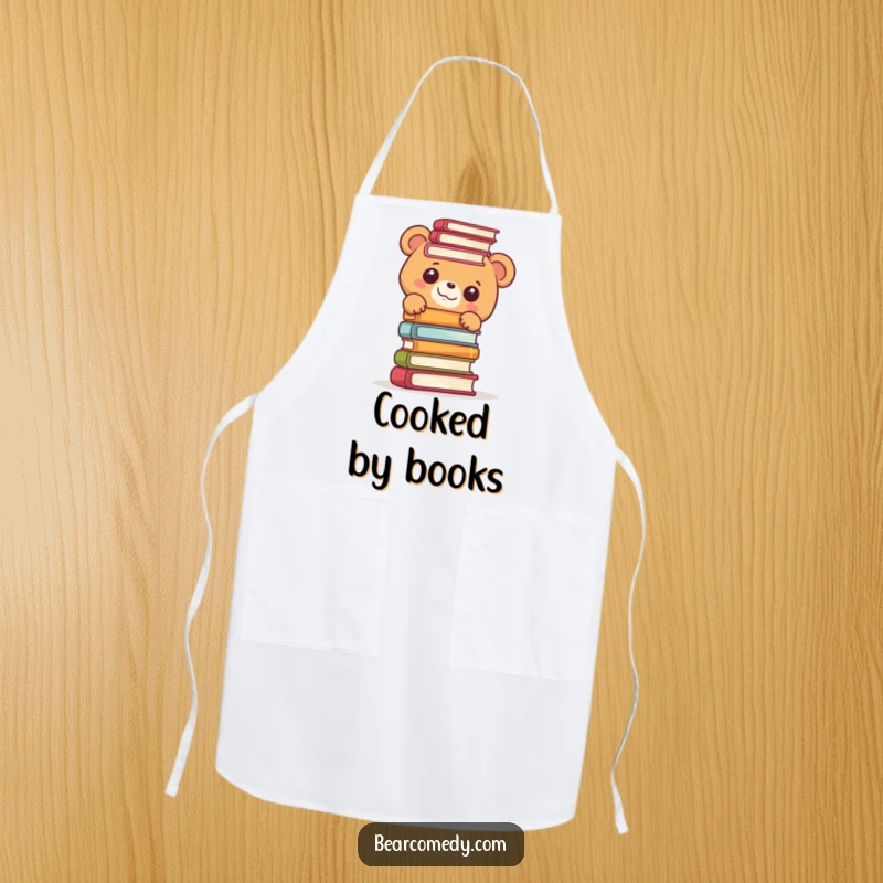Funny apron design with a bear character peeking with delight from behind a tall stack of books, perfect for reader chefs.
