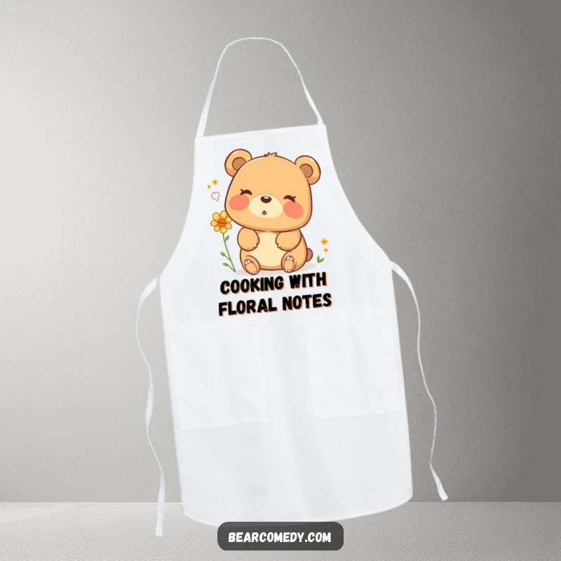 Funny apron showing a happy bear character gently blowing pollen with a sigh, adding humor to kitchen activities and protecting clothes.