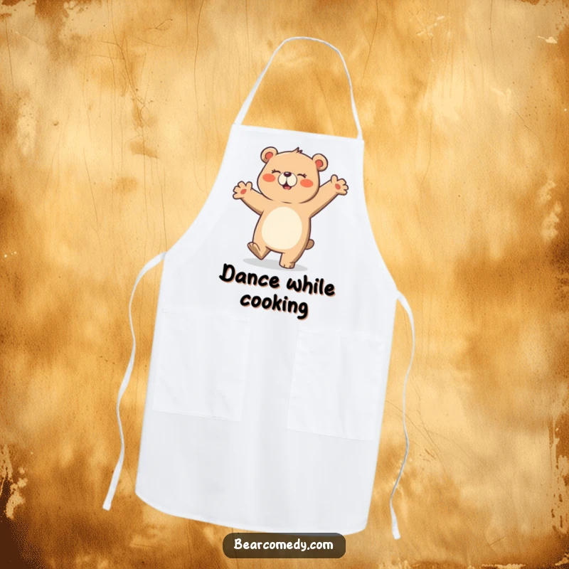 Funny apron featuring a bear character in a hilariously clumsy and happy dance, ideal for adding humor to cooking and baking.