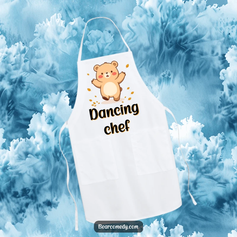 Funny apron design with a bear character doing a happy lumbering dance, surrounded by small leaves, perfect for fall cooking.