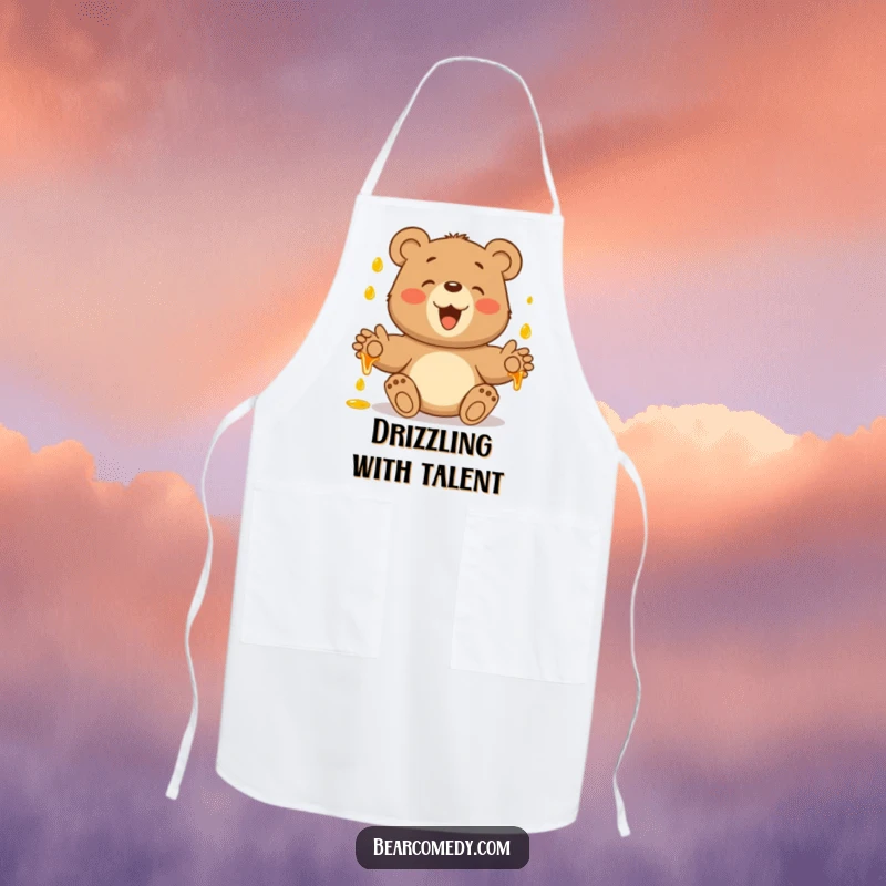 Funny apron of a bear with outstretched paws, gleefully catching falling honey, bringing sweet humor to the kitchen.