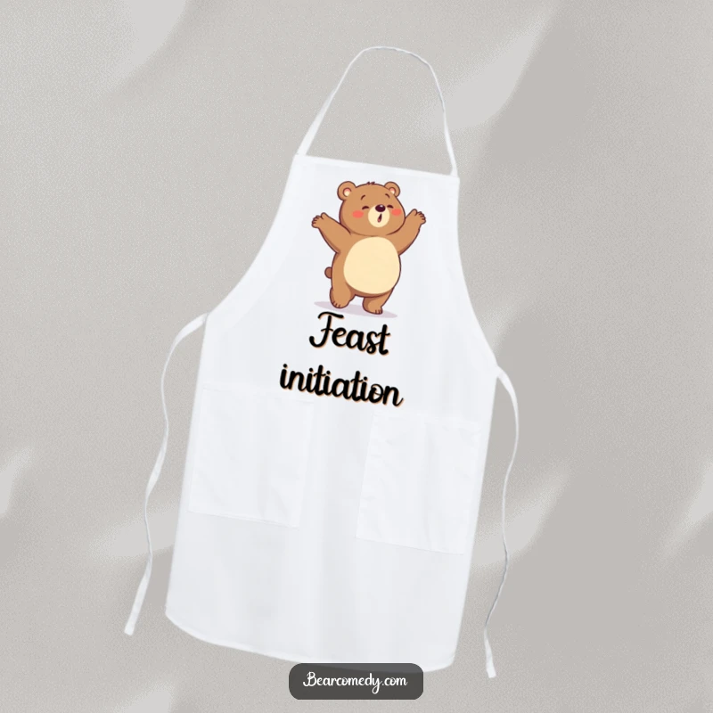 Funny apron showcasing a bear with a rumbling tummy doing a silly, energetic dance, perfect for kitchen fun.