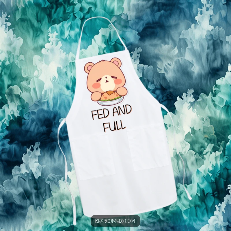 Funny apron depicting a sleepy bear with happy eyes, adorably yawning after a big meal, perfect for a humorous kitchen.
