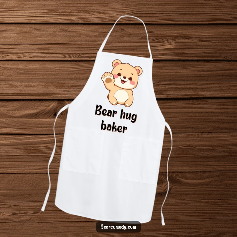 Funny apron featuring a cute cooking bear character with a happy smile, waving its giant paw while in the kitchen.