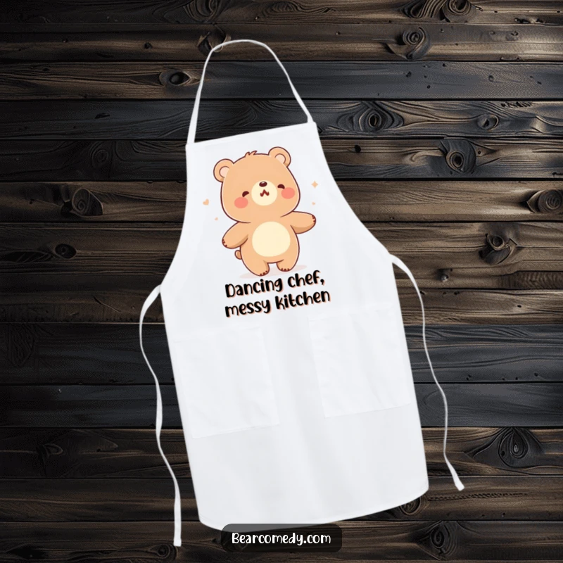 Funny apron showing a bear character performing a cheerful hum and sway dance, perfect for kitchen fun.