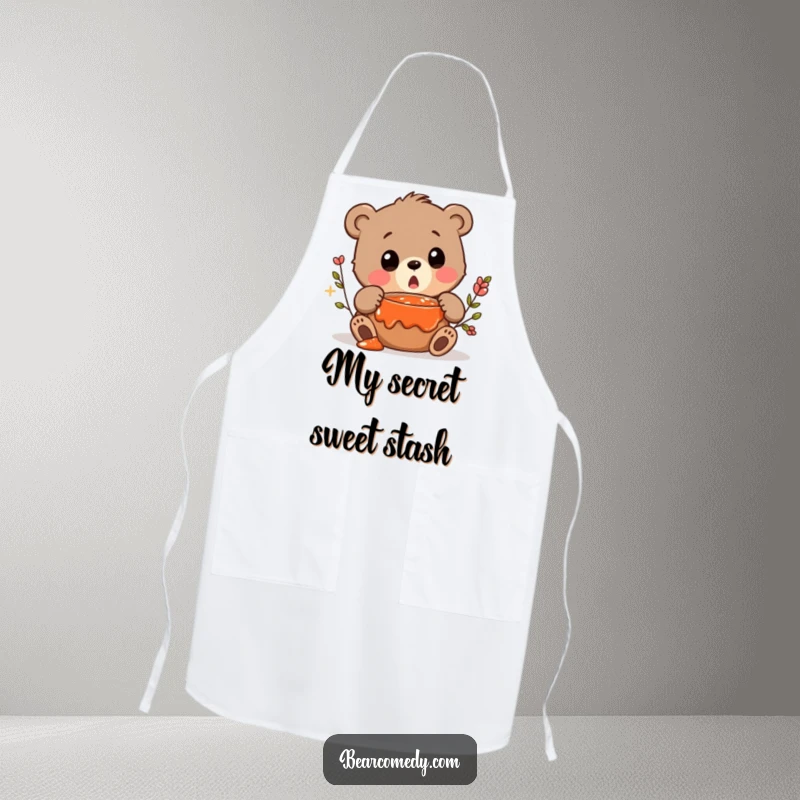 Funny apron design of a bear character making a surprised squeak while discovering a hidden pot of jam.