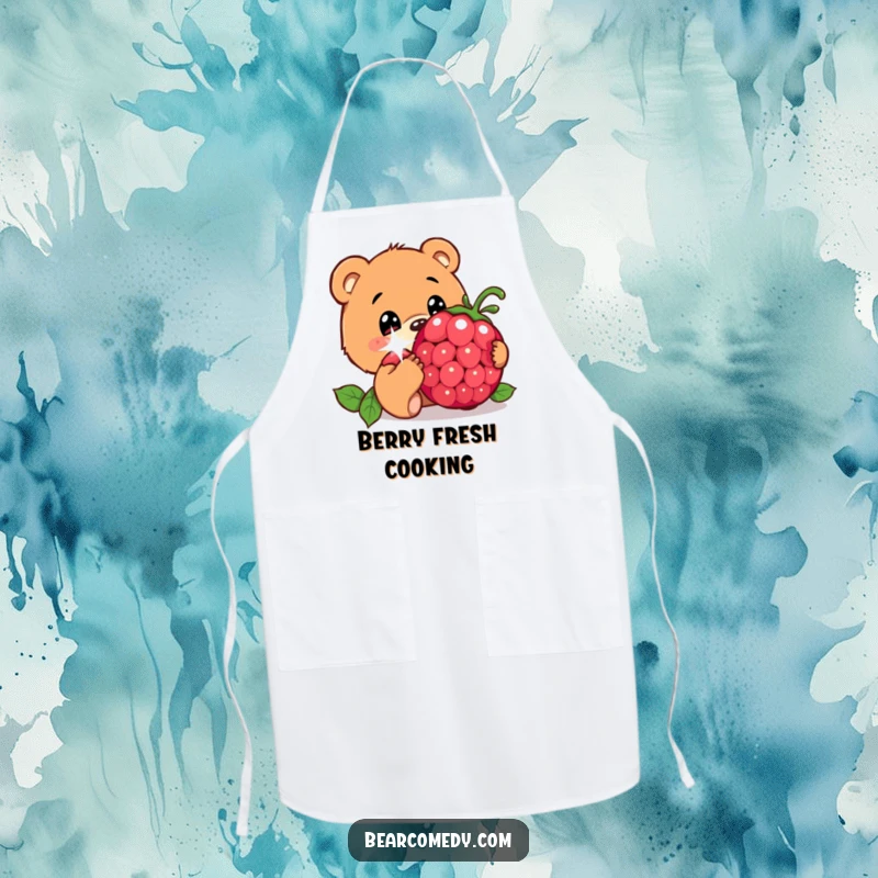 Funny apron featuring a bear character with innocent eyes curiously sniffing a giant, sparkling berry, ready to whip up some charm.