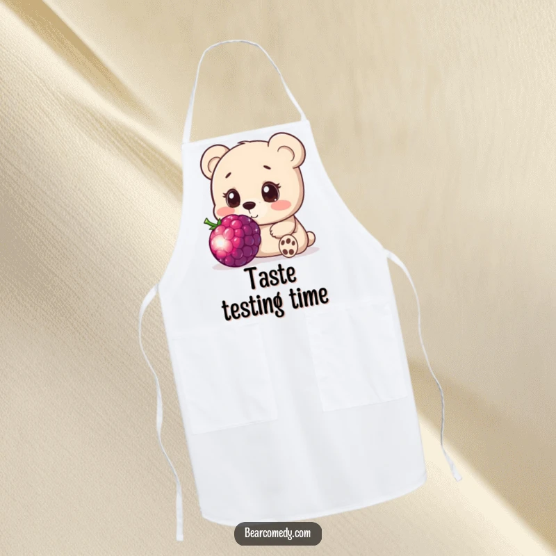 Funny apron featuring a bear character innocently sniffing a giant, sparkling berry with wide, curious eyes, perfect for gentle kitchen tasks.