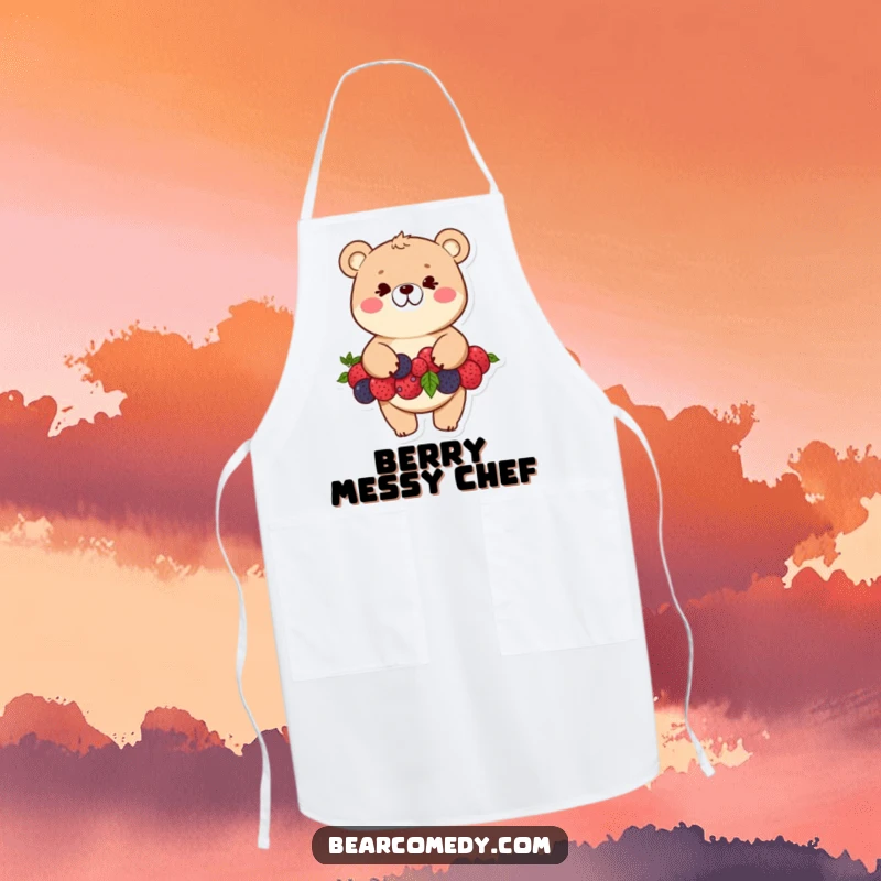 Funny bear apron showcasing a mischievous bear character balancing a large stack of berries with a wide, cheeky grin.