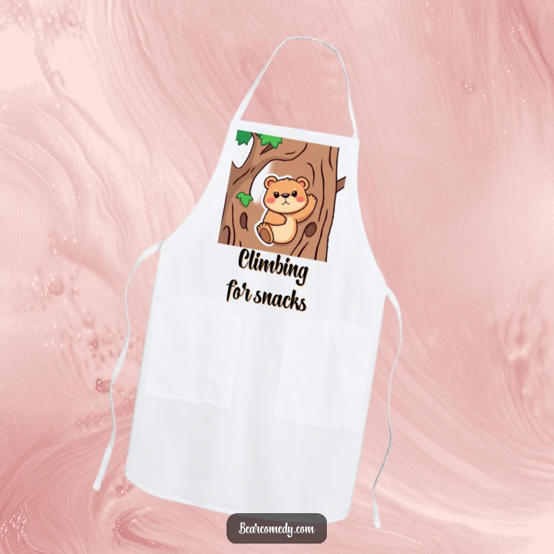 Funny Apron showing a bear animal with a determined face, attempting to climb a tree, bringing a humorous, persevering spirit to cooking.