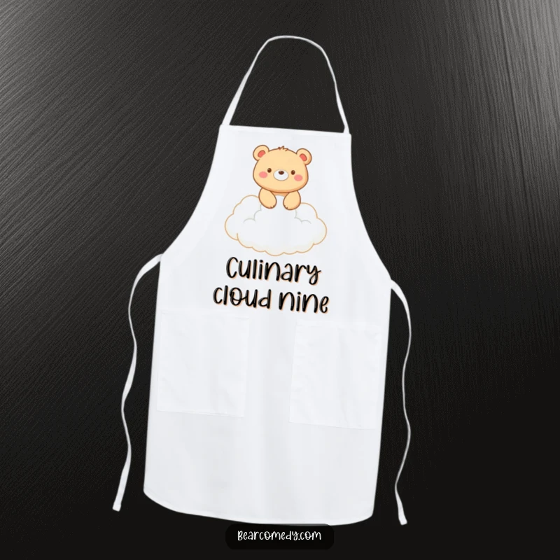 Funny apron print: A smiling bear rides a fluffy white cloud, a whimsical and amusing kitchen accessory.