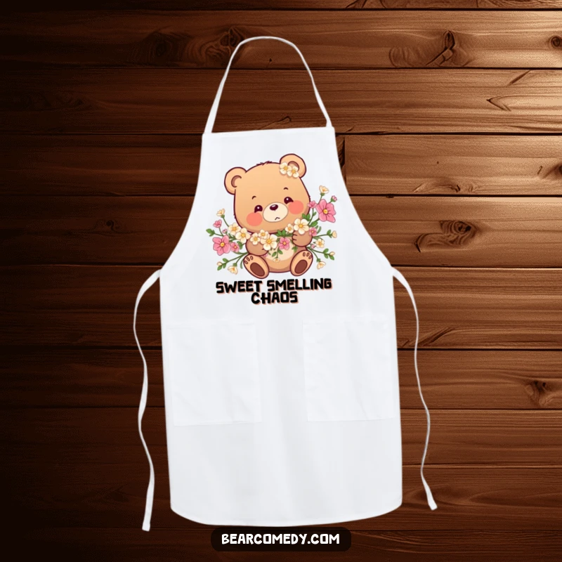 Funny apron print: A bear is playfully caught amidst a garland of colorful flowers, a charming kitchen accessory.