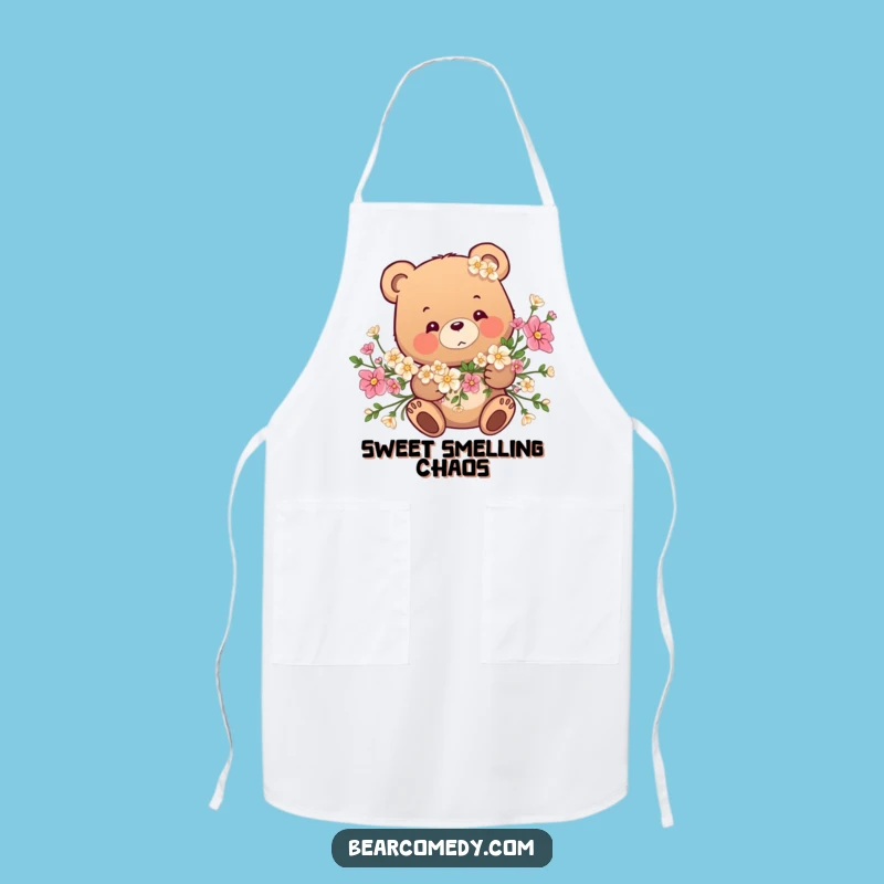 Funny Bear Flower Garland Apron: Playful Bear in Blooms, Kitchen Fun Funny Gift!