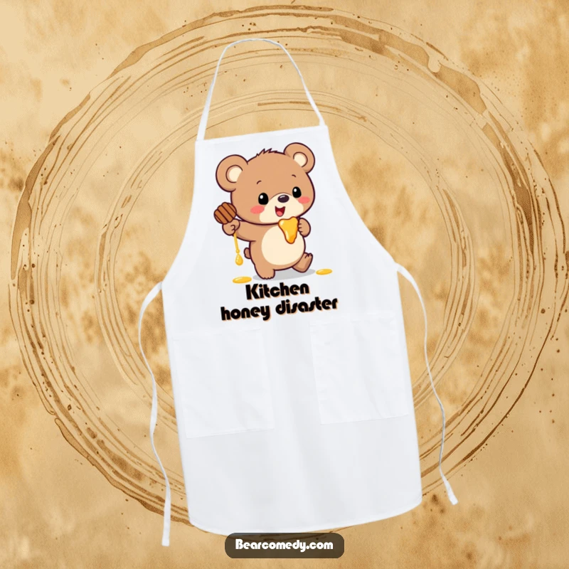 Funny apron showing a bear with oversized ears comically tripping while holding a sticky pot of honey.
