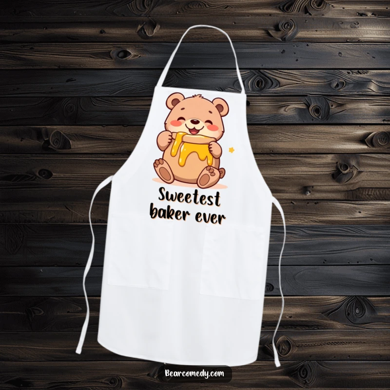 Funny apron featuring a smiling bear character joyfully embracing a large pot of honey, ready for kitchen adventures.