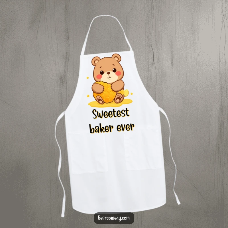 Funny apron with a round bear character joyfully hugging a giant honeycomb, perfect for adding sweet humor to the kitchen.