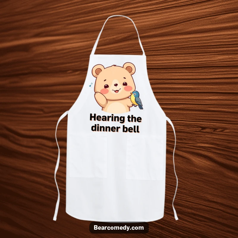 Funny Apron showing a bear with perked ears, listening to a bird, bringing a touch of serene humor to cooking tasks.
