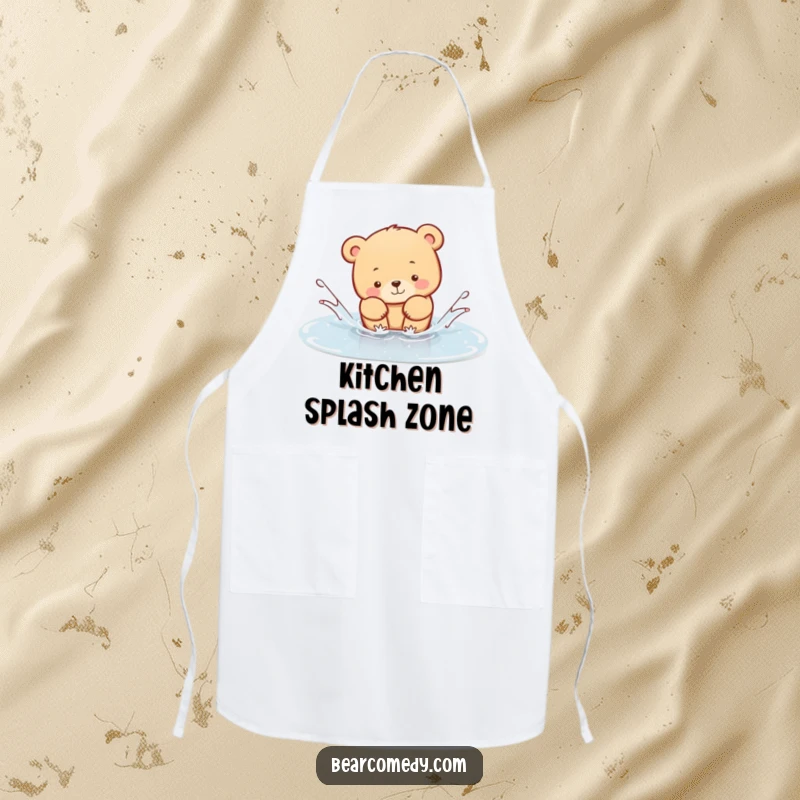 Funny Apron showing a bear animal playfully splashing in a puddle, bringing cute, humorous vibes to your kitchen adventures.