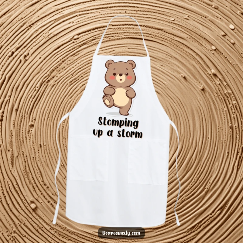 Funny bear character playfully stomping its foot on a kitchen apron, ideal for cooking and humor.