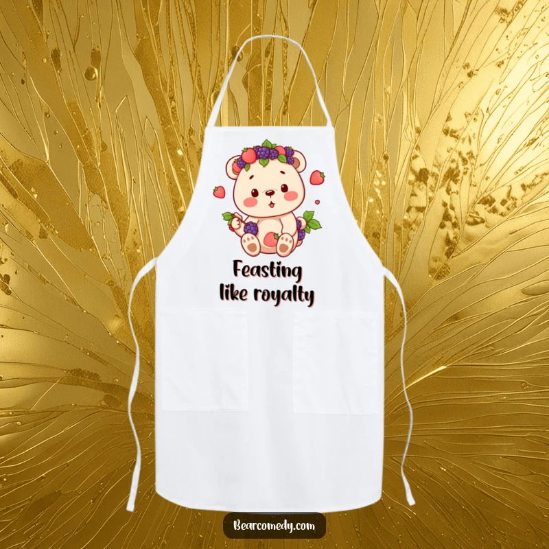 Funny apron showing a bear character crowned with berries, enjoying its sweet harvest, adding humor to kitchen tasks.