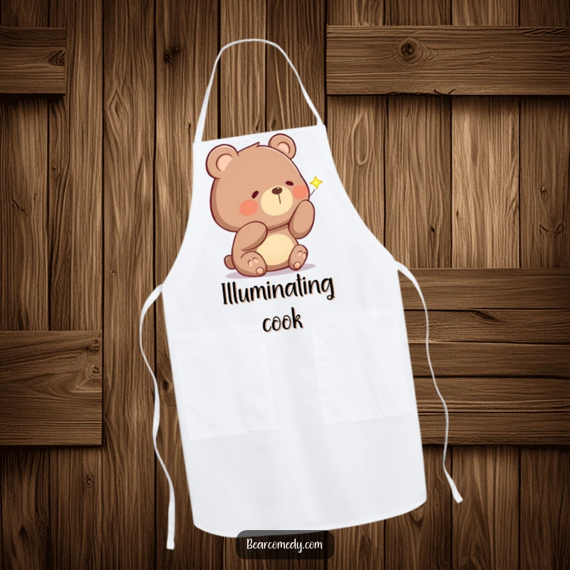 Funny apron depicting a curious bear character with a tilted head, examining a sparkling firefly, bringing nighttime magic to the kitchen.