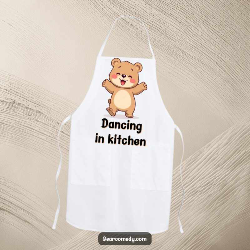 Funny apron showing a bear character dancing clumsily with stomping paws, adding humor to kitchen tasks and protecting clothing.