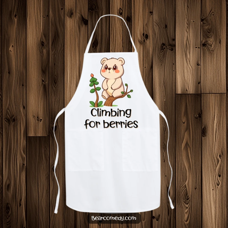 Funny determined bear character climbing a small tree on a kitchen apron, for ambitious cooks.