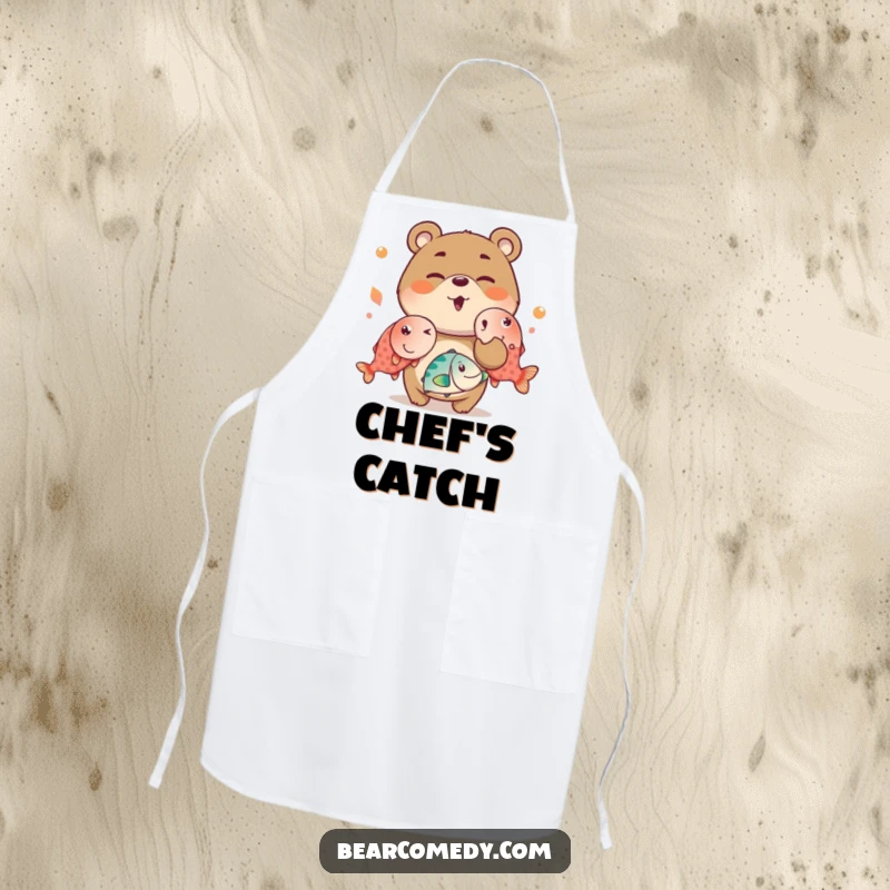 Funny apron showing a mischievous bear charactere winking and juggling oversized, bright fish, perfect for a fun and playful cooking experience.