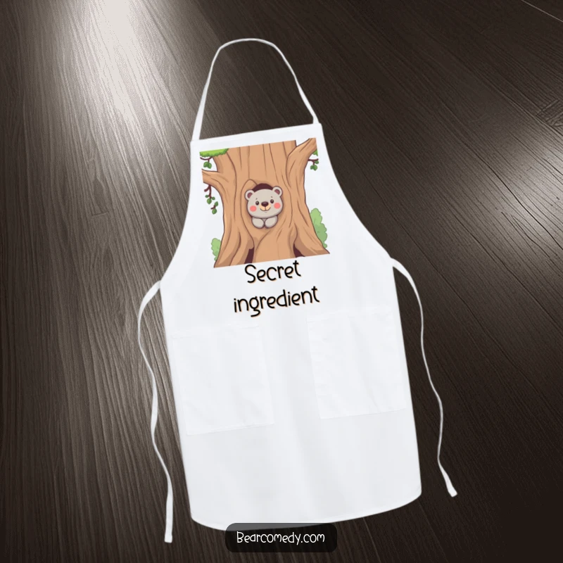 Funny apron featuring a bear peeking from behind a tree with a mischievous expression, ideal for humorous and playful kitchen activities.
