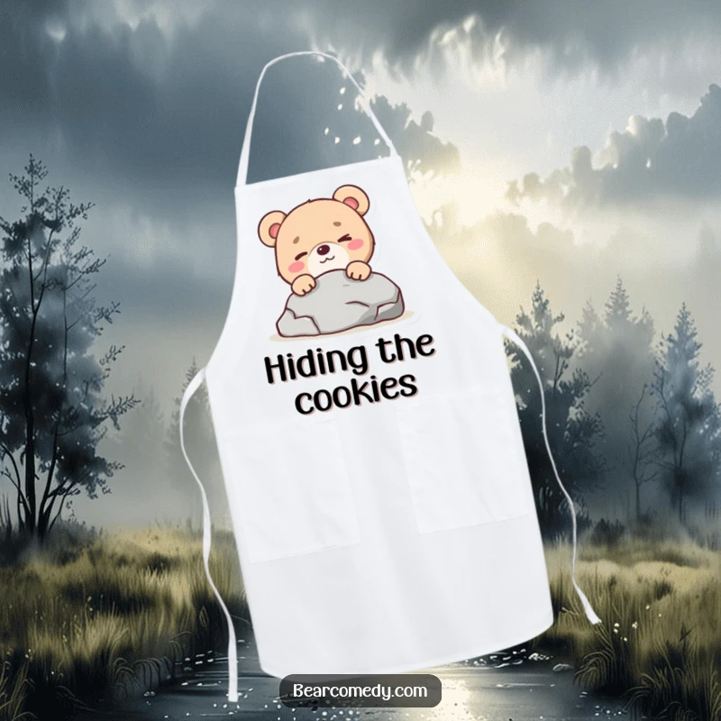 Funny bear character with a mischievous wink peeking from behind a rock on a kitchen apron, for playful cooks.