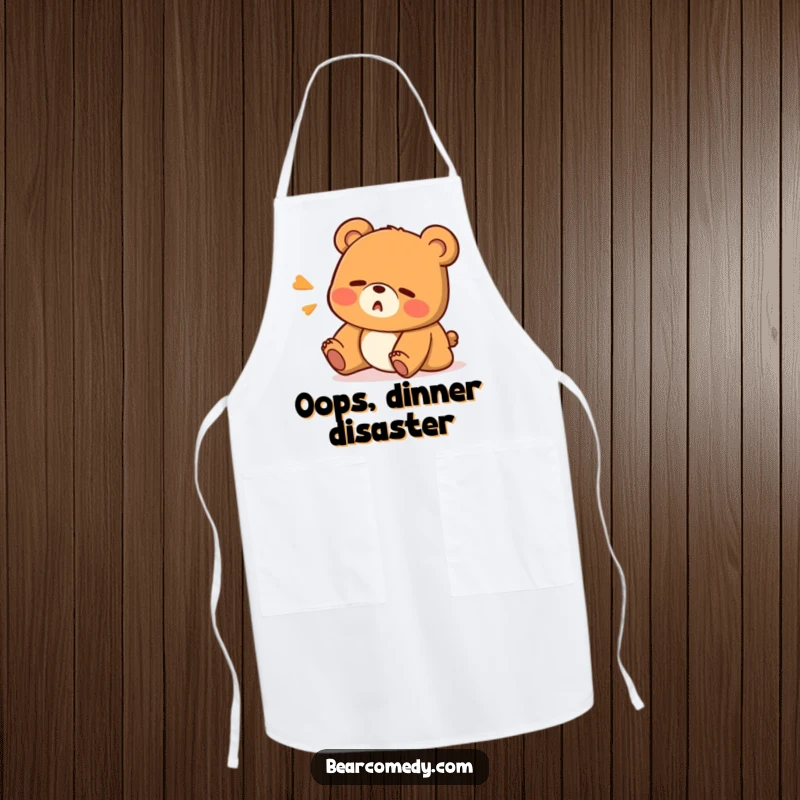 Funny apron featuring a bear character stumbling with a surprised 'Oops!' expression, ideal for humorous and practical kitchen use.
