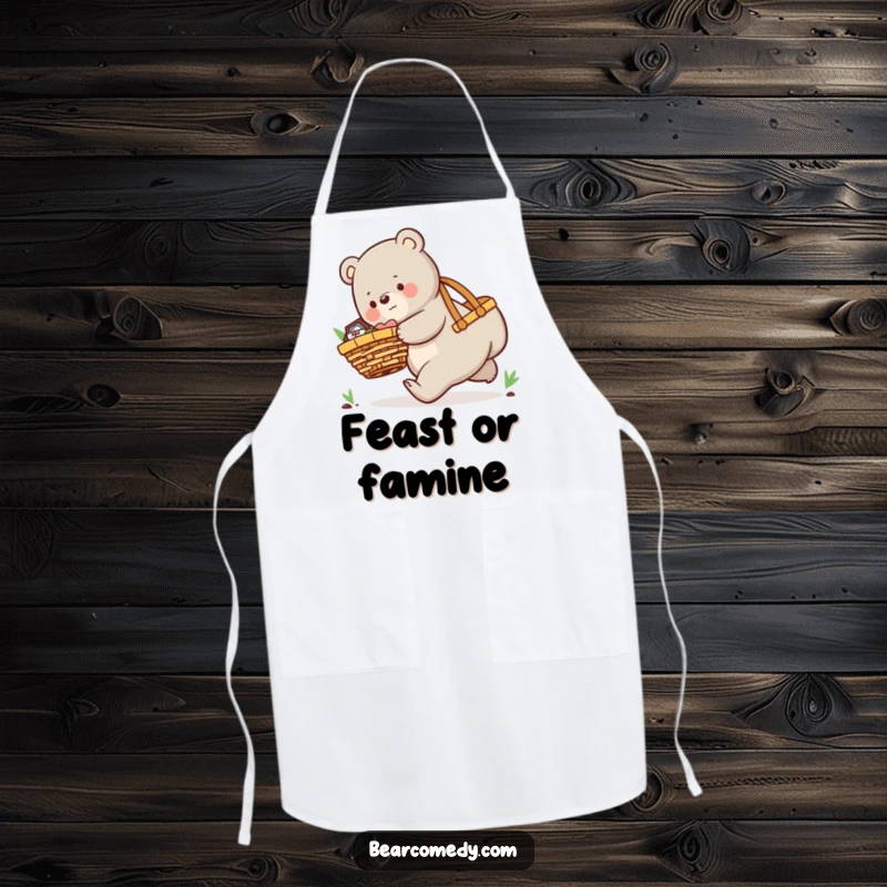 Funny apron showing a playful bear character comically tripping with a huge picnic basket, perfect for a messy cook.