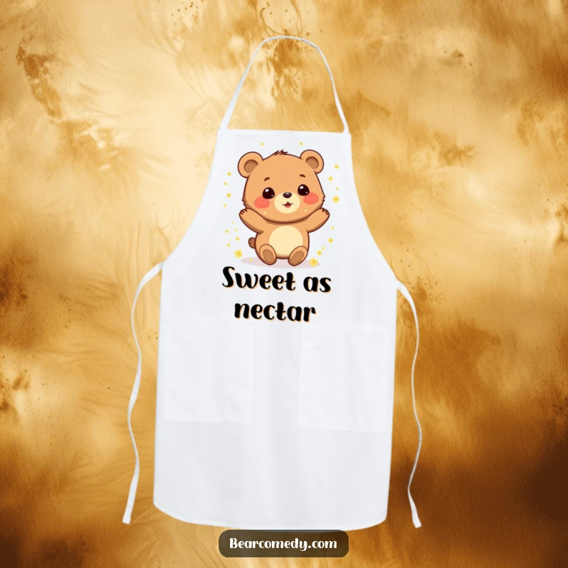 Funny apron with a gleeful bear character spinning with delight, covered in sparkling pollen, perfect for garden parties.