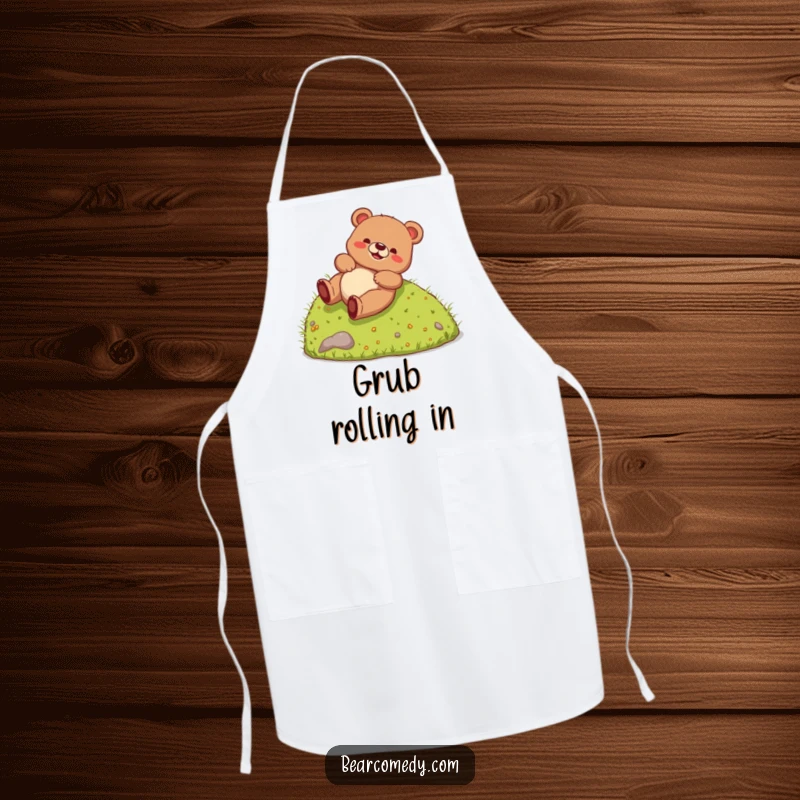Funny Apron showing a bear creature gleefully rolling down a hill, bringing a hilarious and lighthearted vibe to culinary creations.