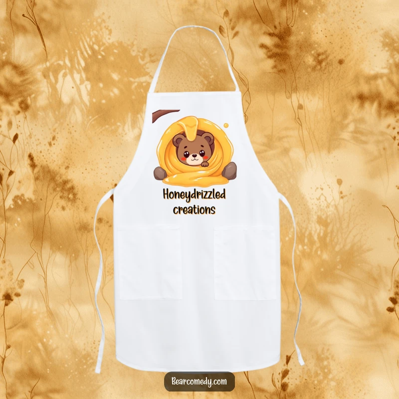 Funny apron with a bear character wide-eyed peeking from a giant, swirling honey stream, ideal for sweet kitchen adventures.