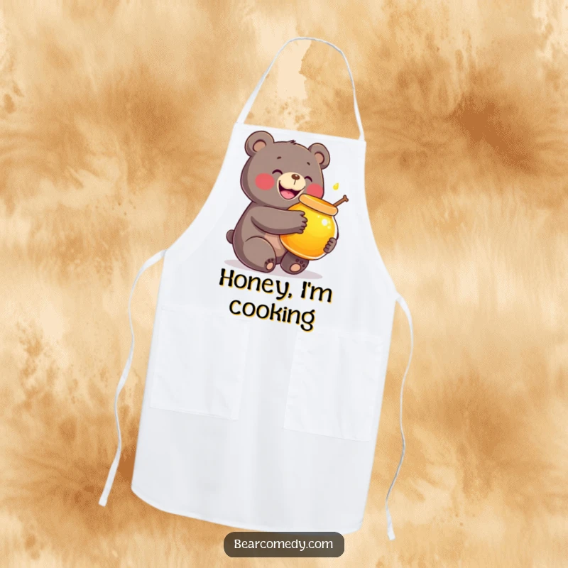 Funny apron design with a joyful bear character hugging a big, glowing honey pot, perfect for kitchen adventures.