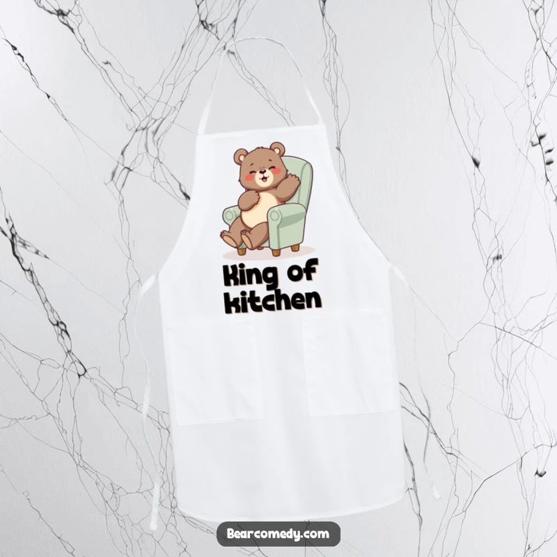 Funny bear apron showing a bear in a humorous pose sitting on a tiny, oversized chair, perfect for kitchen humor.