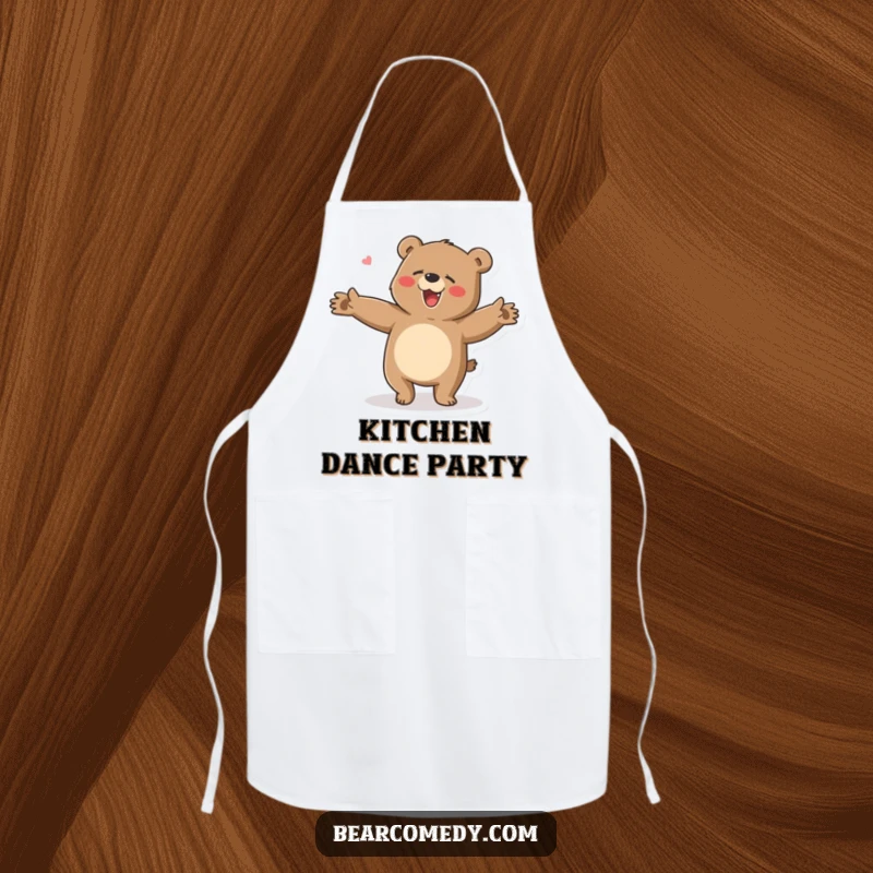 Funny apron featuring a bear character in a clumsy, happy dance with arms flailing, ready to stir up some laughs in the kitchen.