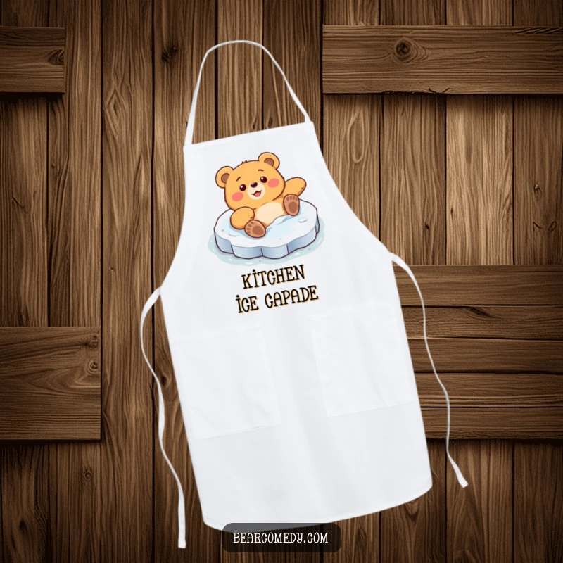 Funny apron featuring a bear character comically sliding on a slick ice patch with surprised delight, ready to stir up some laughs.