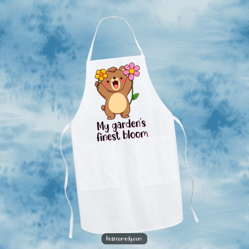 Funny apron design of a bear character proudly roaring and holding a brightly colored flower aloft.