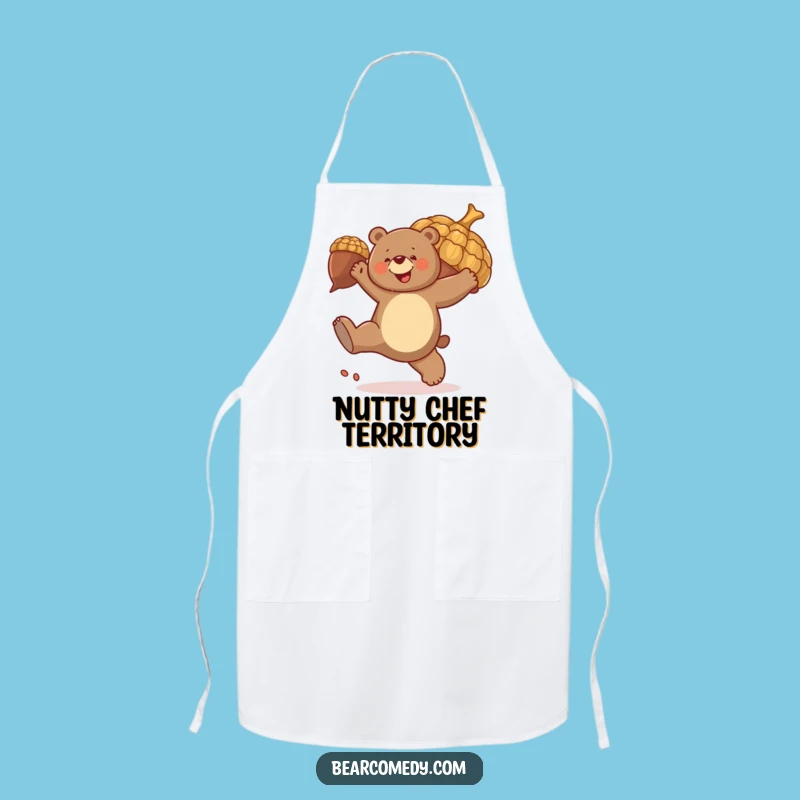 Funny Bear Acorn Kick Apron: Playful Bear Kicks Acorn, Kitchen Fun Funny Gift!